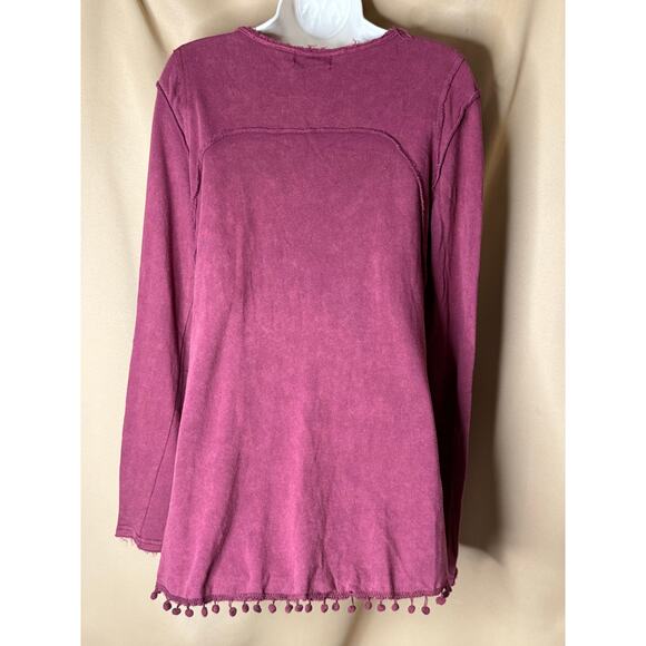 POL Boho Burgundy French Terry Long Sleeve Top with Pom Pom Trim New L - Picture 2 of 7